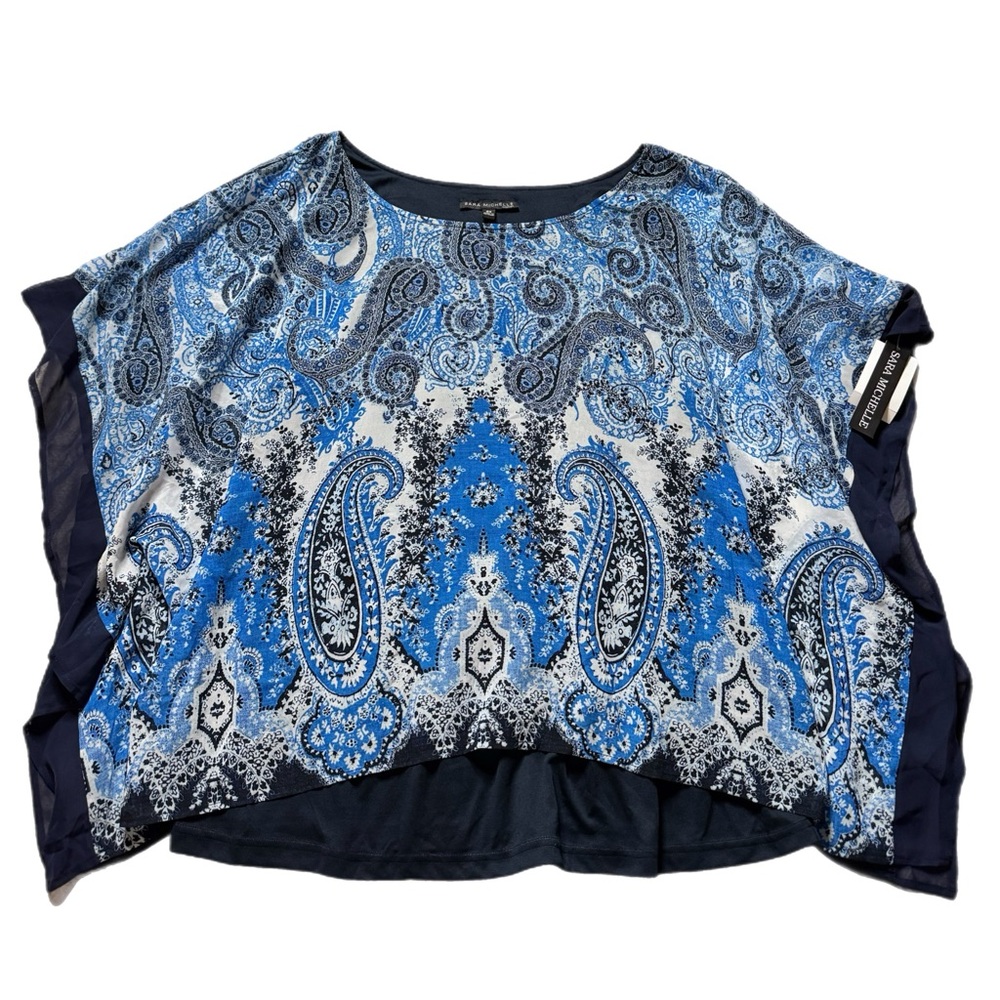 NEW Sarah Michelle Navy Blue White Paisley Chiffon Layered Blouse Top 2X